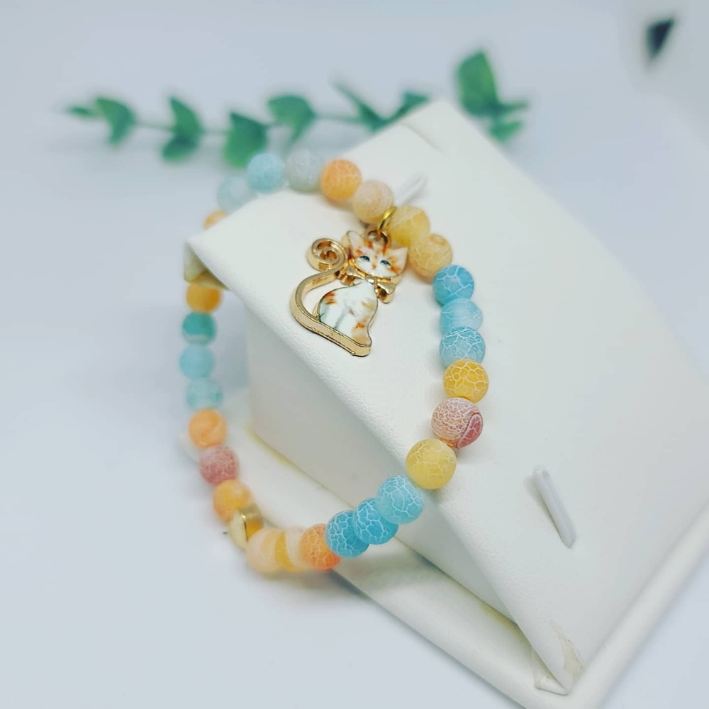 Kids Bracelet with Agate and Enamel Kitten charm